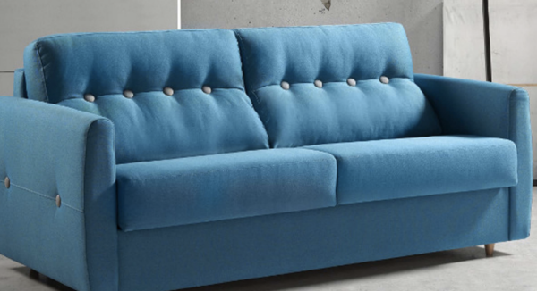 canapé lit classique chapitoné bleu fermé. Sofa-lit ouverture facile