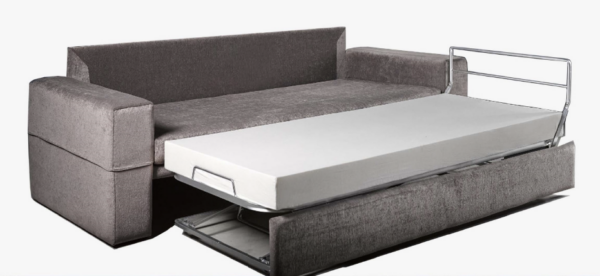 canapé lit moderne en velours gris ouvert. Sofa-lit ouverture facile
