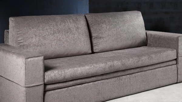 canapé lit moderne en velours gris fermé. Sofa-lit ouverture facile