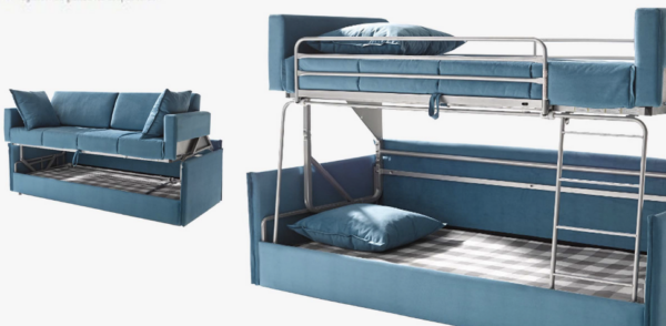 canapé-lit double bleu deux hauteurs lits superposés ouvert. Sofa-lit ouverture facile
